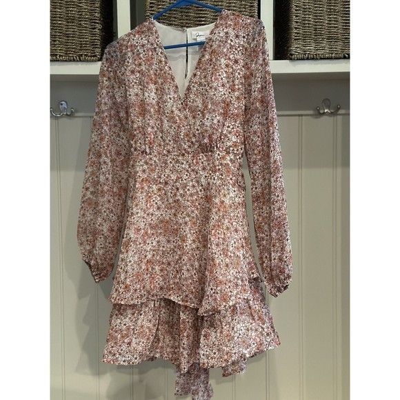 Japna Pink/Peach Floral Print Long Sleeve Tiered Faux Wrap Mini Dress, Sz Small - Picture 4 of 8
